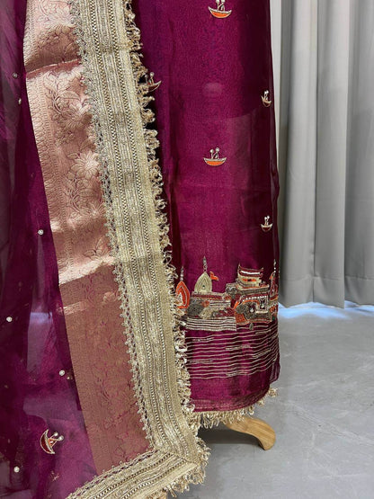 Wine Tissue Silk Suit Banarasi ghat with hand embroidery traditional diya (lamp) Closeup view 01