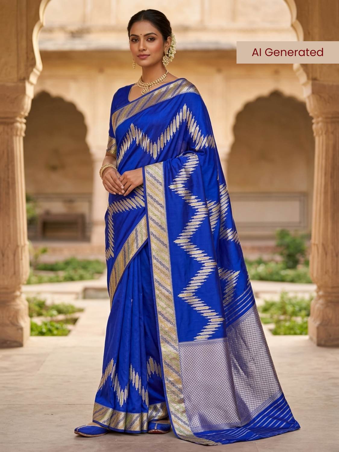 Royal Blue Katan Silk Saree with zig zag model 