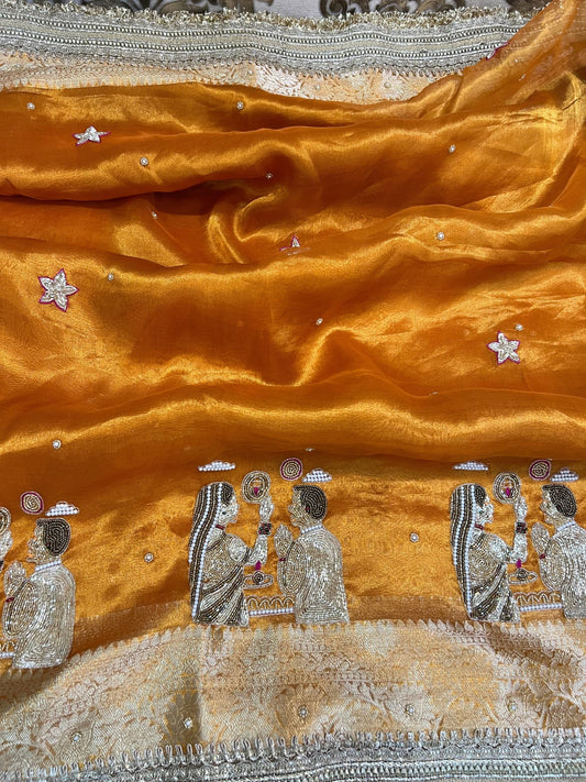 Orange Tissue Silk Saree - Karwa Chauth