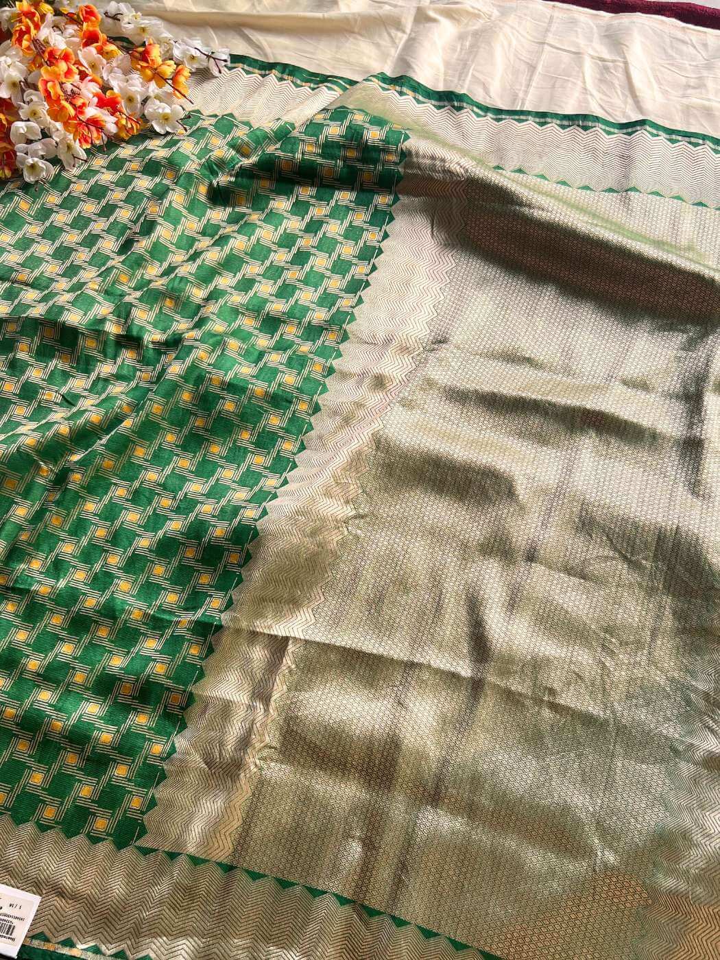 Green Katan silk Banarasi saree with rich handwoven texture