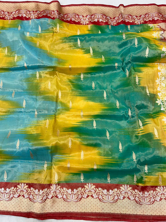 Multicolor Tissue Katan Silk Saree with zari butis and shimmering closeup view 01
