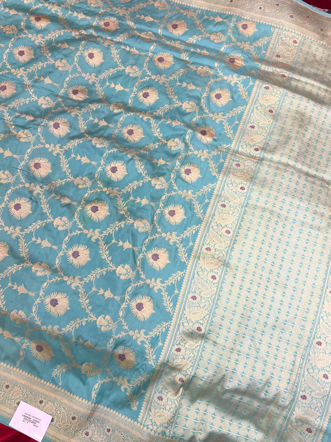 Aqua Green Katan Silk Saree with geometric full view