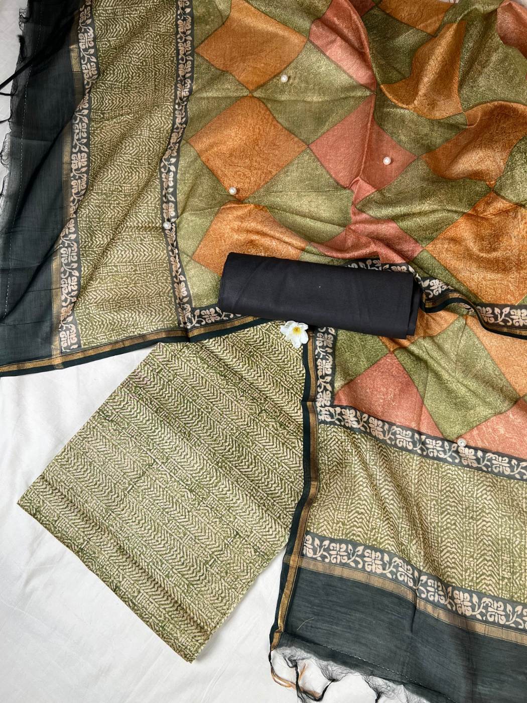 Olive Green Mul Chanderi Suit with floral and abstract hand block front view