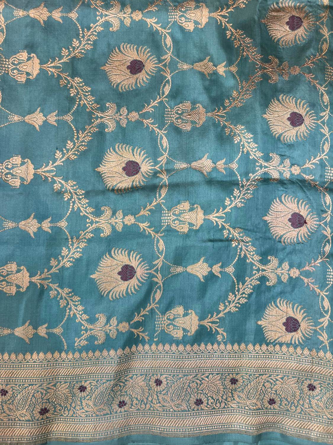 Aqua Green Katan Silk Saree with geometric closeup view