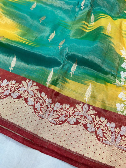 Multicolor Tissue Katan Silk Saree with zari butis and shimmering closeup view 02
