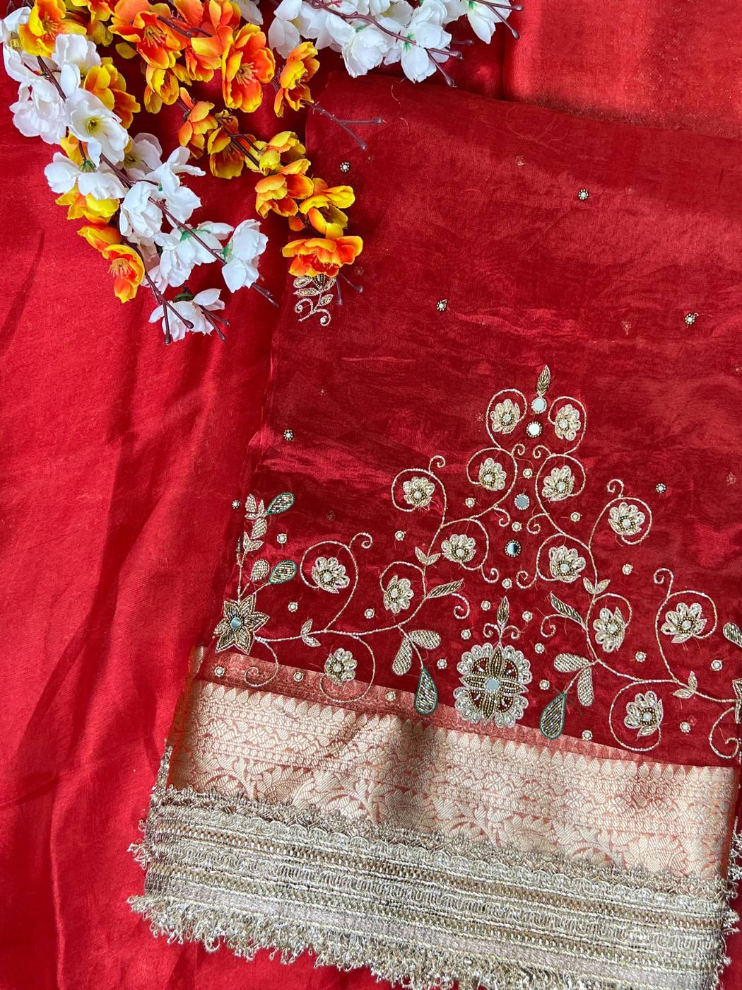 Royal Red Tissue Silk Saree Manjari with Hand Embroidered floral spike front view