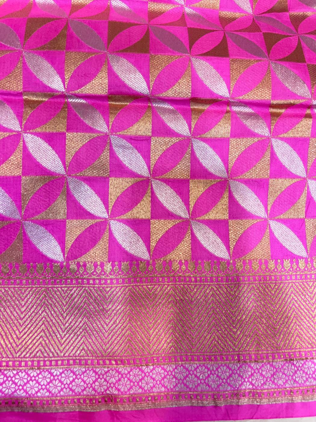 Pink Katan Silk Saree with geometric floral closeup view