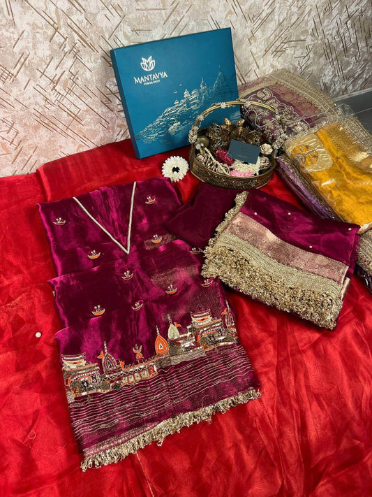 Wine Tissue Silk Suit Banarasi ghat with hand embroidery traditional diya (lamp) front view