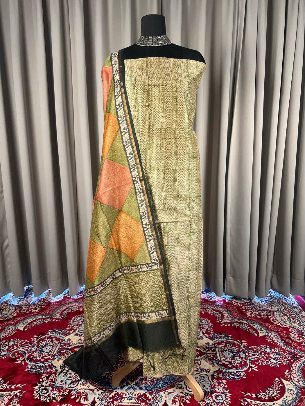 Olive Green Mul Chanderi Suit with floral and abstract hand block full view
