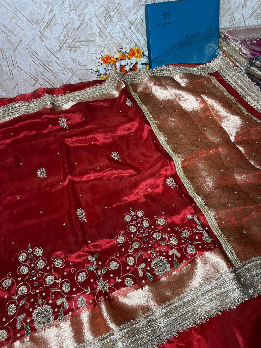 Royal Red Tissue Silk Saree Manjari with Hand Embroidered floral spike full view
