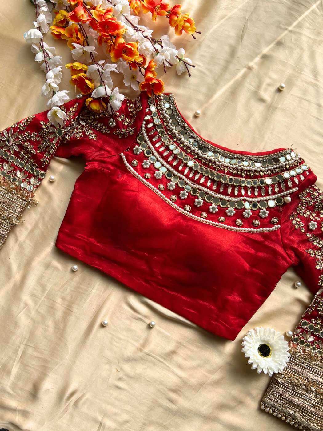 Royal Red Banarasi Tissue Silk Blouse with Hand embroidery front view