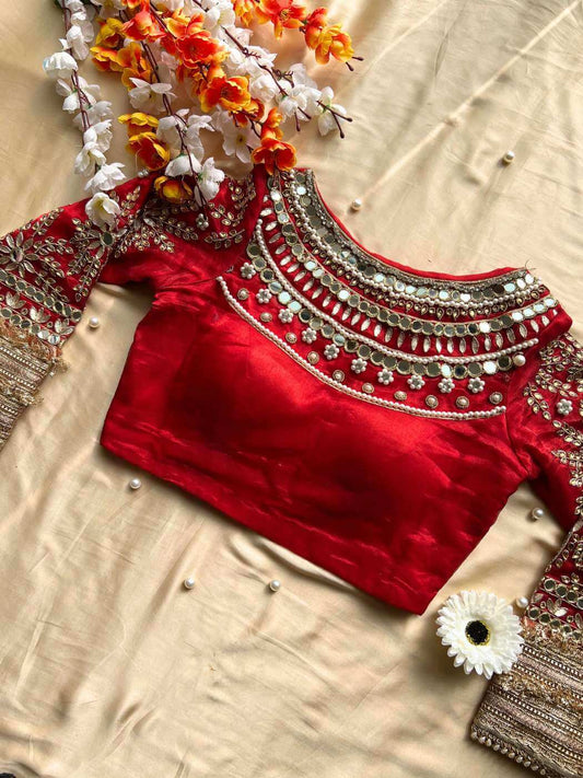 Royal red Shahi Darwaza Banarasi silk saree blouse with classic architectural motifs