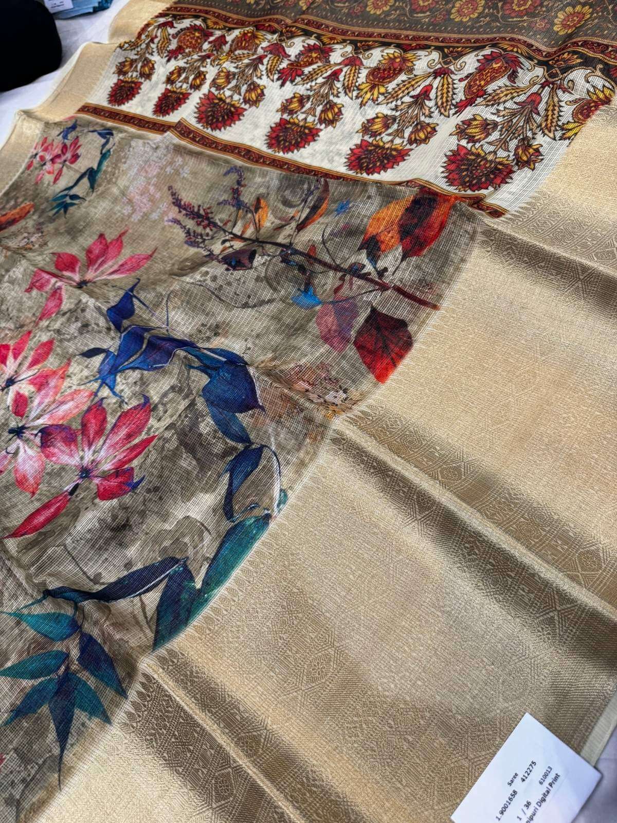 Ivory Grey Manipuri Kota silk saree with woven textures full view