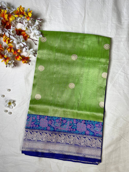Lime Green tissue silk saree with Elegant zari woven circular butti front view