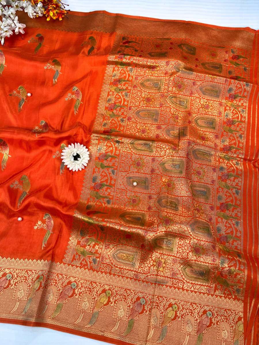 Orange Viscose Silk Saree - Mantavya Banaras