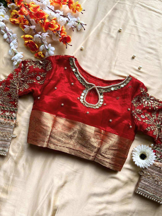 Royal red Shahi Darwaza Banarasi silk saree blouse with classic architectural motifs