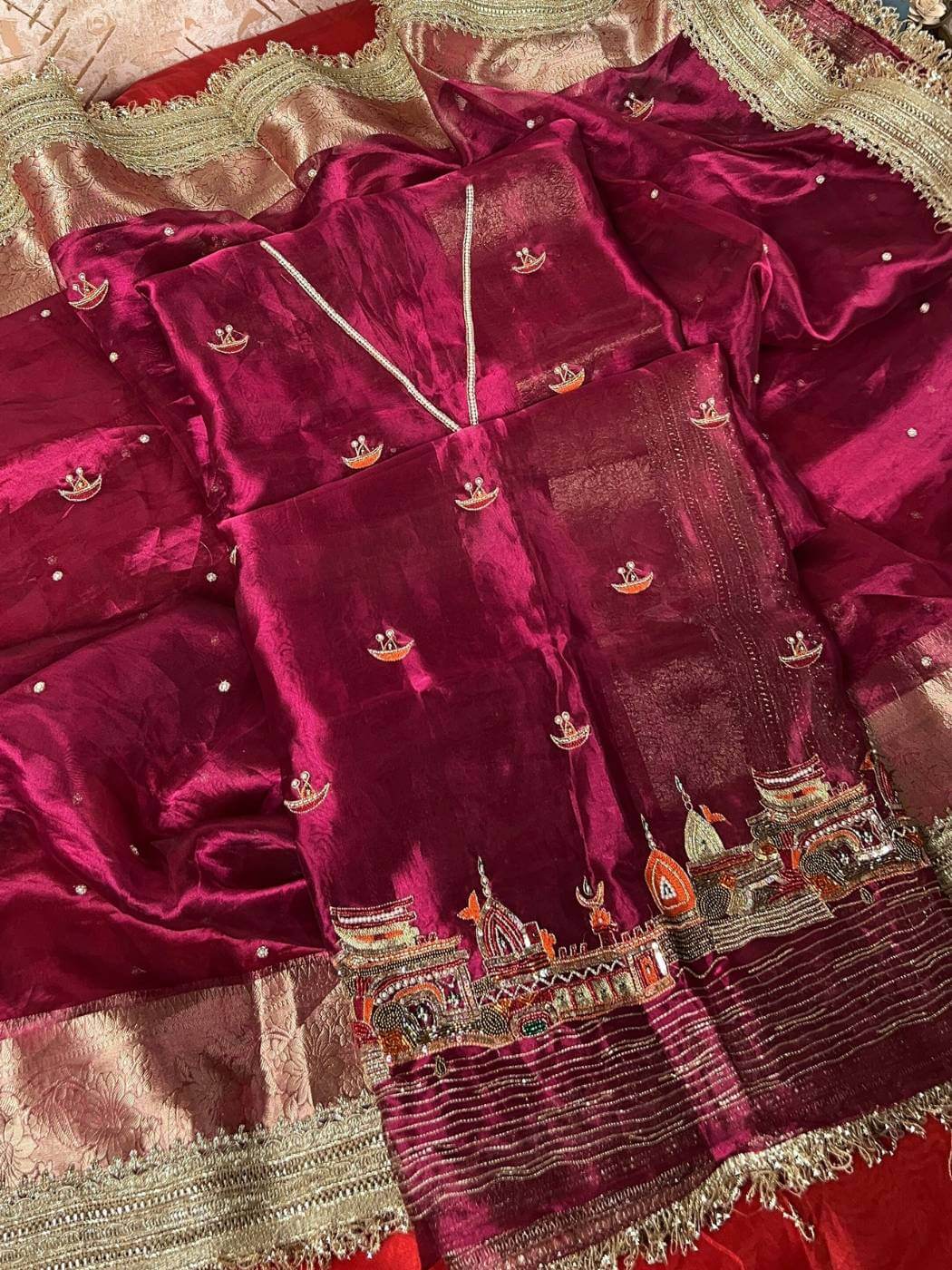 Wine Tissue Silk Suit Banarasi ghat with hand embroidery traditional diya (lamp) Closeup view 02