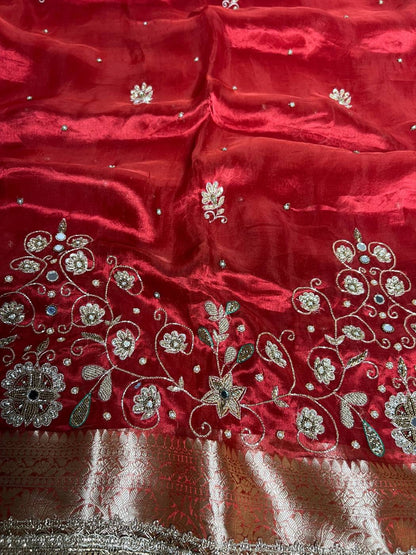 Royal Red Tissue Silk Saree Manjari with Hand Embroidered floral spike Closeup view