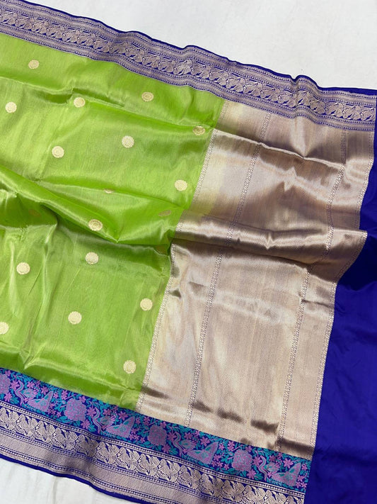 Lime Green tissue silk saree with Elegant zari woven circular butti full view