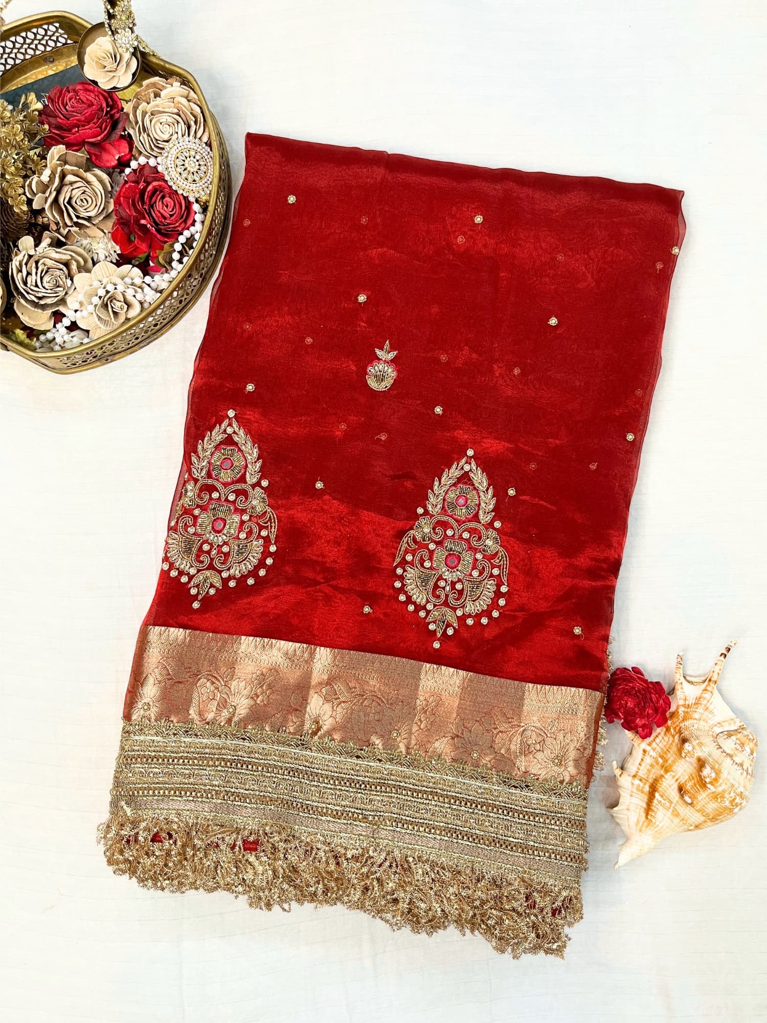 Beautiful Red Banarasi tissue silk saree with hand embroidery and woven buta