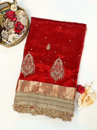 Beautiful Red Banarasi tissue silk saree with hand embroidery and woven buta