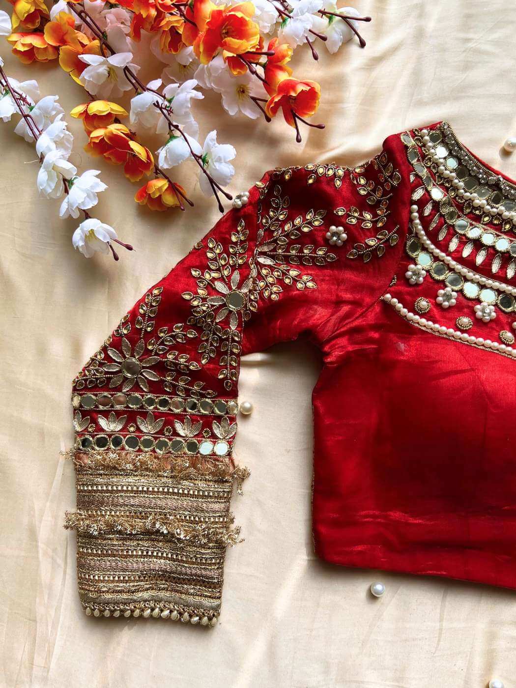 Royal Red Banarasi Tissue Silk Blouse with Hand embroidery sleeves view
