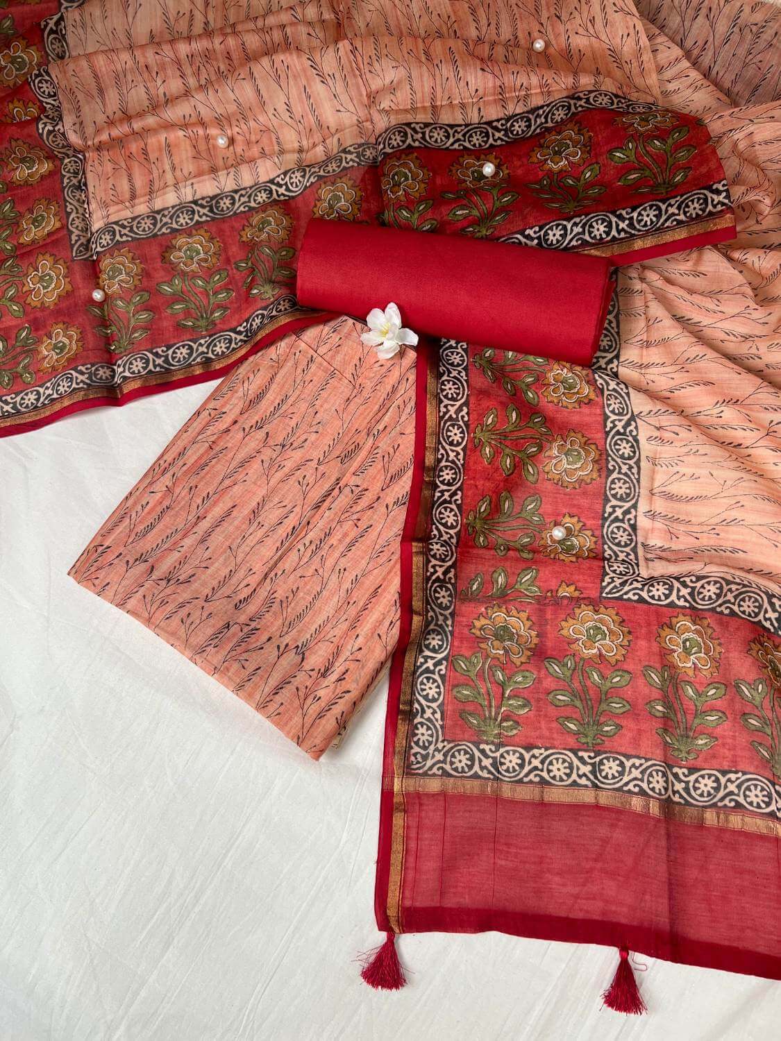 Peach Mul Chanderi Suit with floral and abstract hand block front view