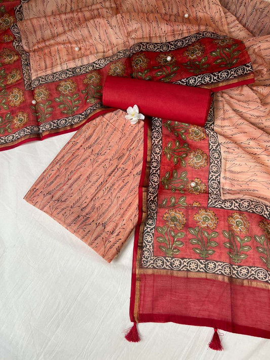 Peach Mul Chanderi Suit with floral and abstract hand block front view