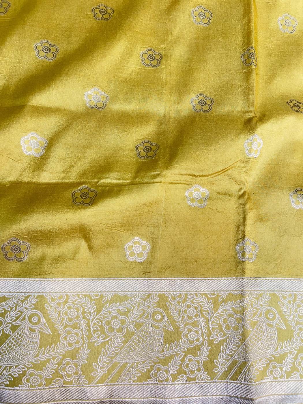 Yellow Katan Silk Saree with floral closeup view