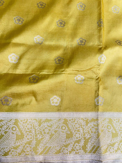 Yellow Katan Silk Saree with floral closeup view