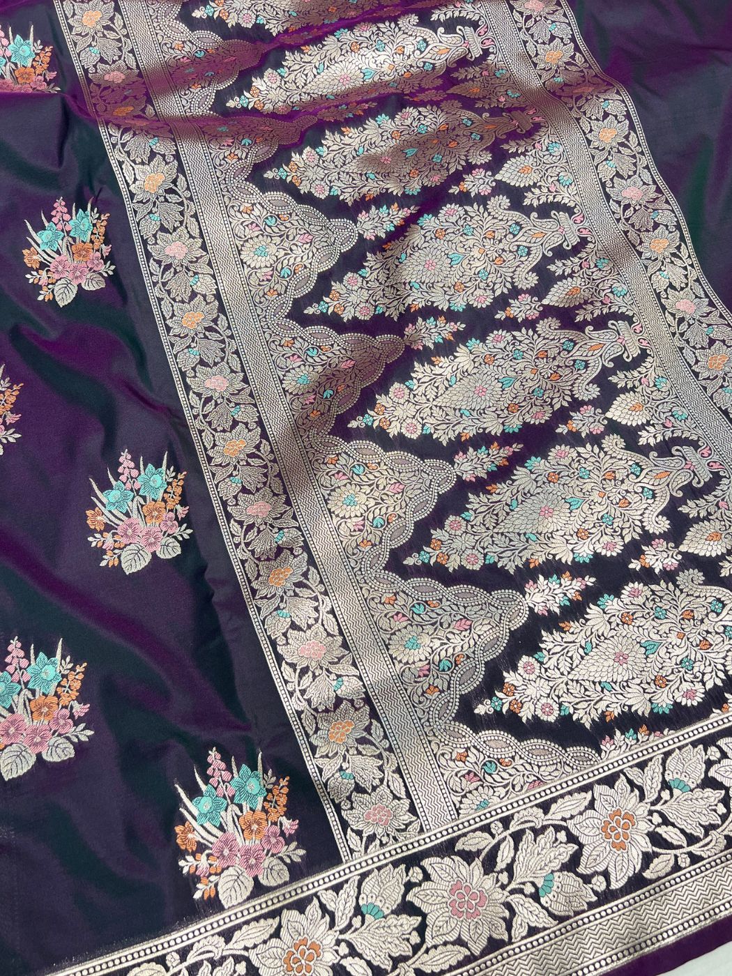 Deep Purple Katan Silk Saree Anchal View