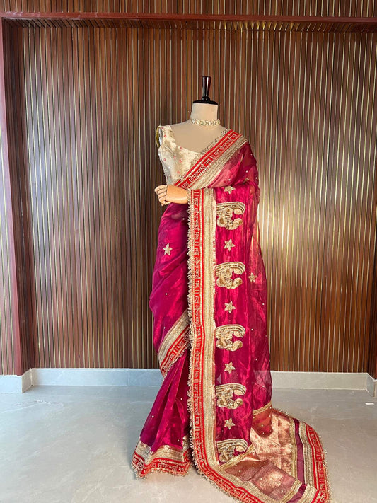 Hot Pink Tissue Silk Saree Baby Shower With Hand Embroidery Dummy View