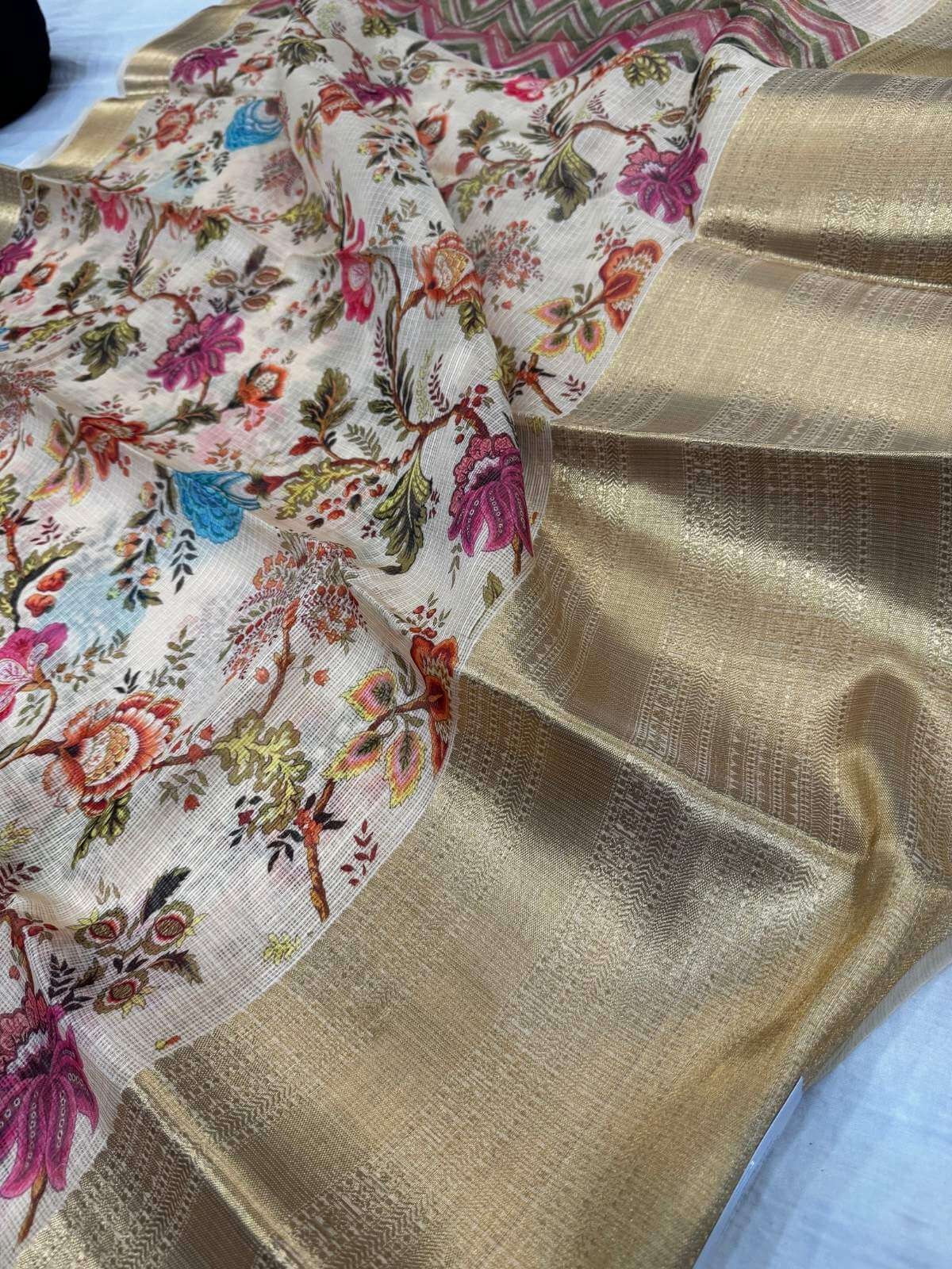 Ivory Cream Manipuri Kota silk saree with delicate handwoven detailing full view