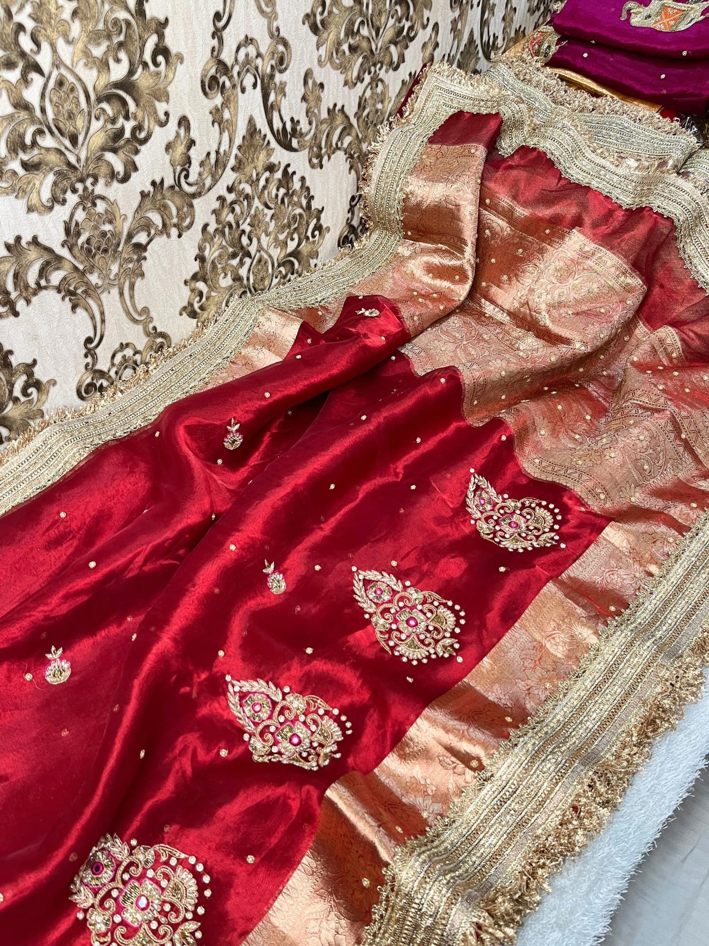 Beautiful Red Banarasi tissue silk saree with hand embroidery and woven buta