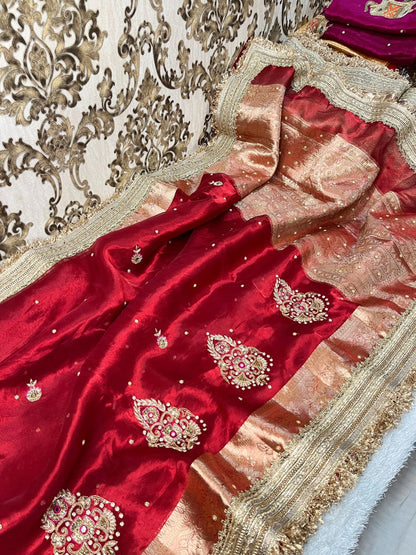 Beautiful Red Banarasi tissue silk saree with hand embroidery and woven buta