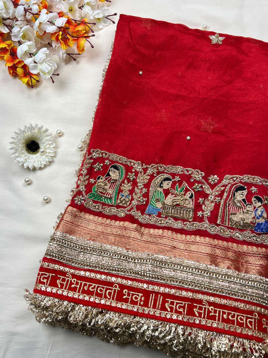 Royal red Godh Bharai Banarasi silk saree for traditional ceremonies