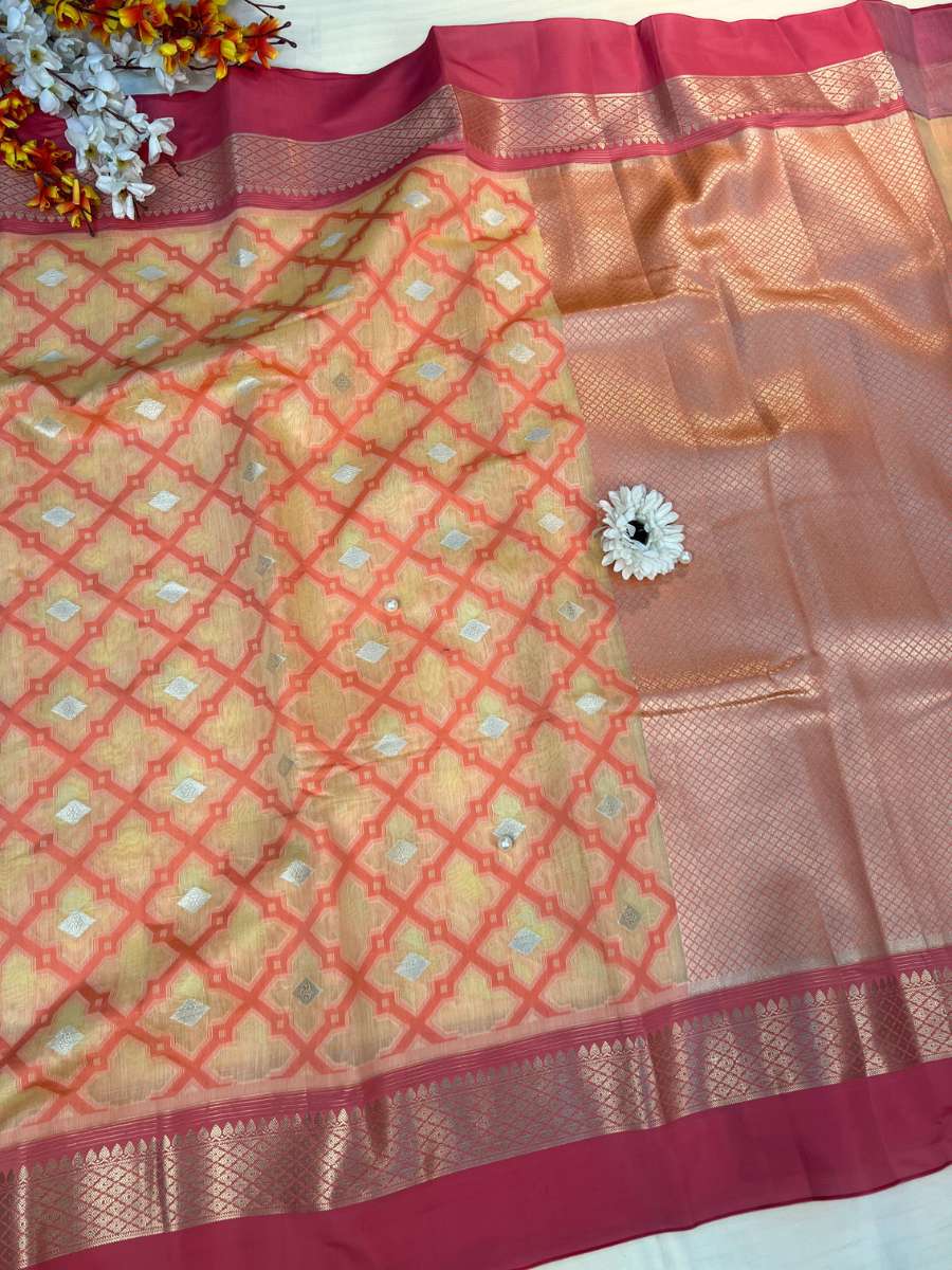 Peach Banarasi Silk Saree - Mantavya Banaras