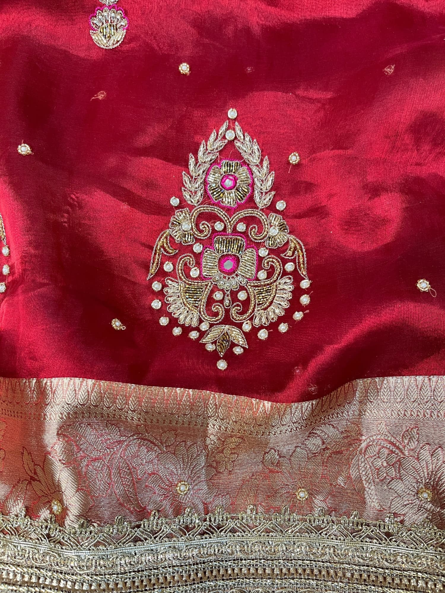 Beautiful Red Banarasi tissue silk saree with hand embroidery and woven buta