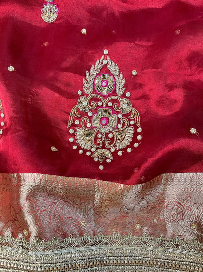 Beautiful Red Banarasi tissue silk saree with hand embroidery and woven buta