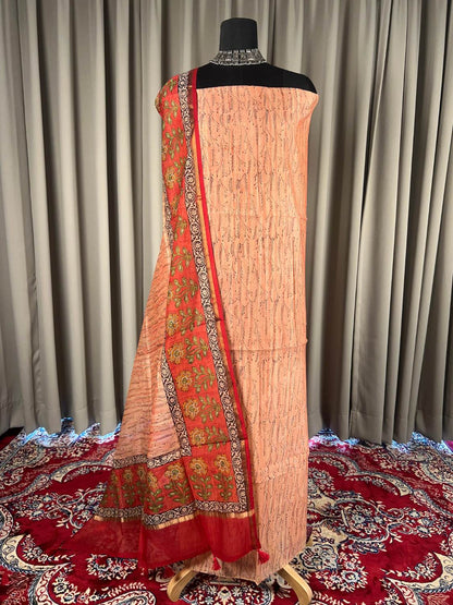 Peach Mul Chanderi Suit with floral and abstract hand block full view
