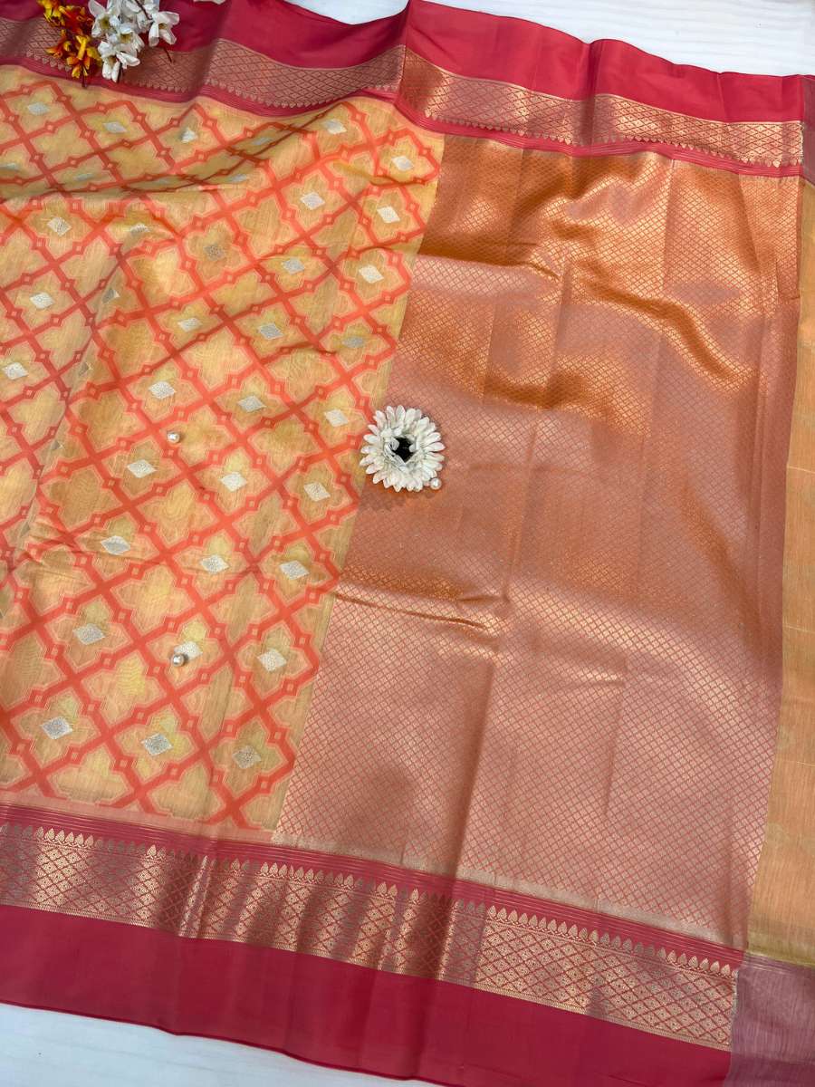 Peach Banarasi Silk Saree - Mantavya Banaras