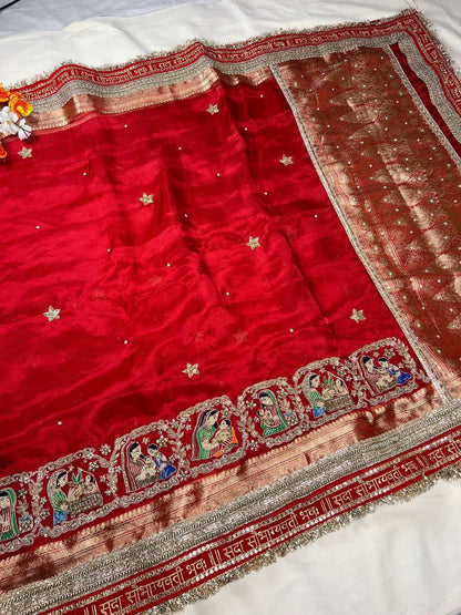 Royal red Godh Bharai Banarasi silk saree for traditional ceremonies