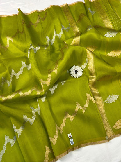Olive Green Kora Silk Saree Full View
