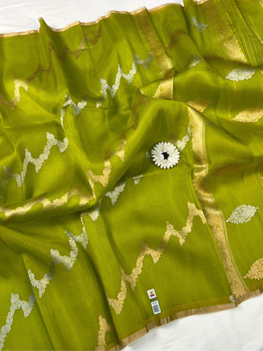 Olive Green Kora Silk Saree Full View