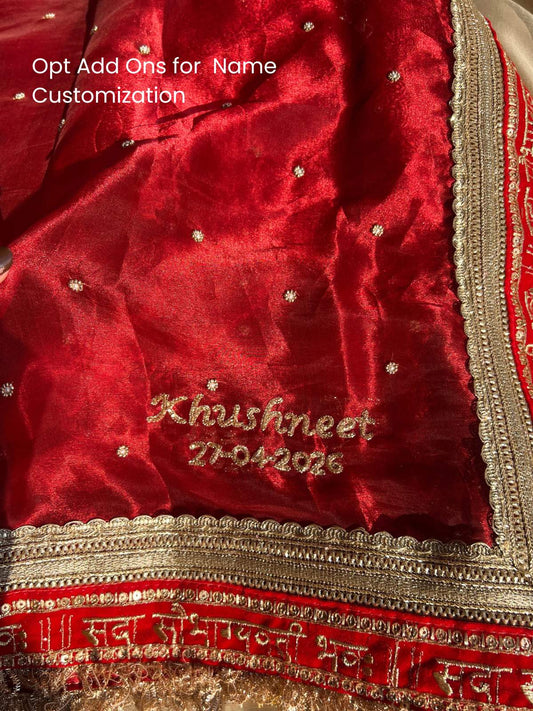“Red Suhaag Buti Dupatta bridal accessory with detailed embroidery”