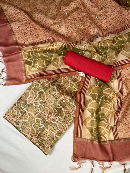 Maroon Mul Chanderi suit with floral and abstract hand block front view