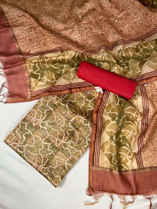 Maroon Mul Chanderi suit with floral and abstract hand block front view