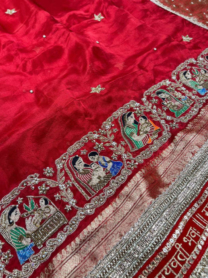 Royal red Godh Bharai Banarasi silk saree for traditional ceremonies