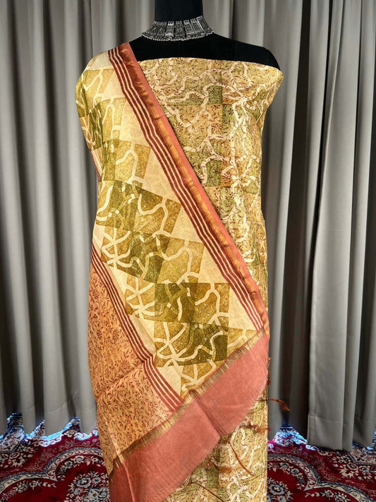 Maroon Mul Chanderi Suit with floral and abstract hand block closeup view