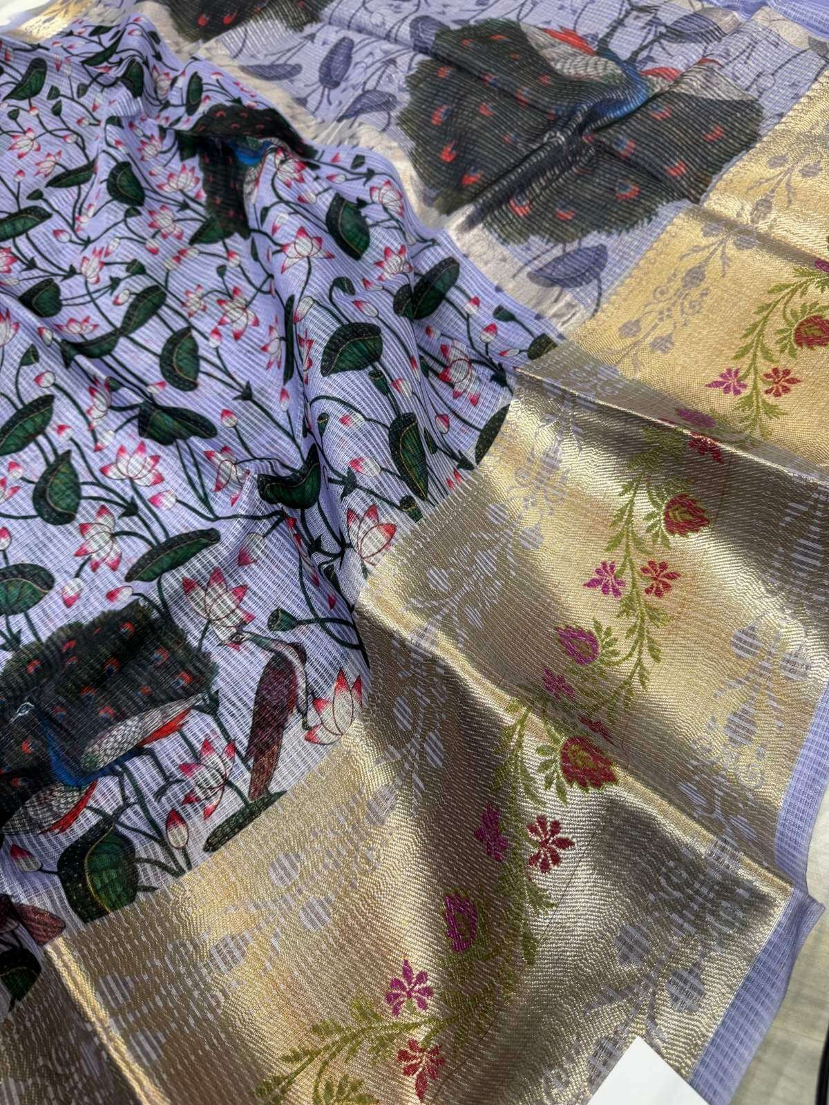 Lavender-Grey Manipuri Kota silk saree with lightweight texture and traditional patterns closeup view